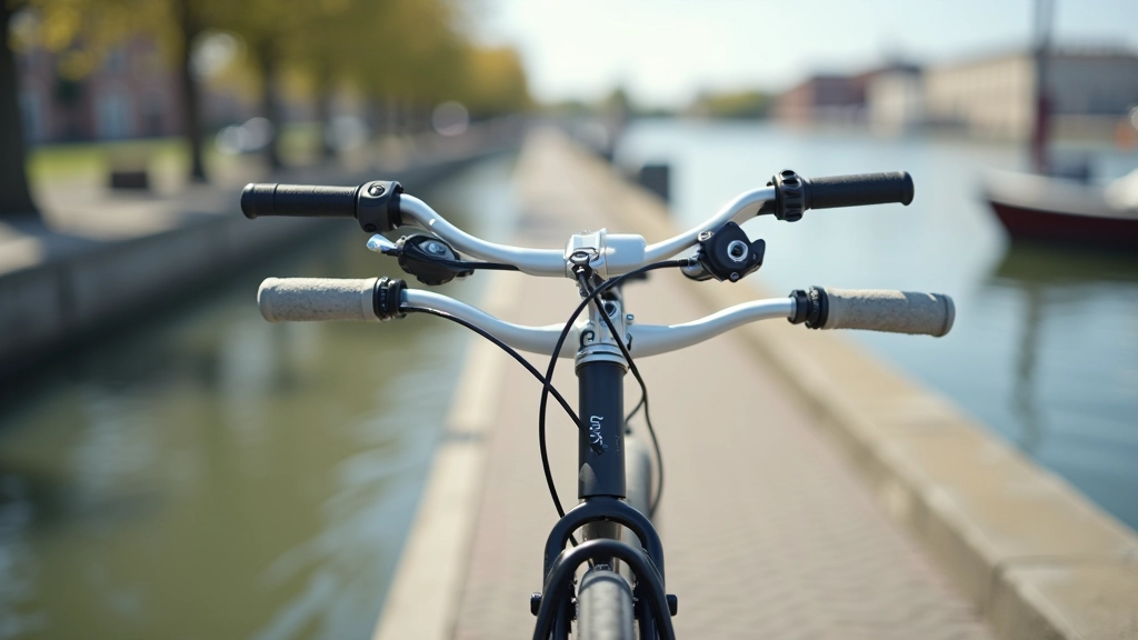 Close-up of bicycle handlebars and front wheel on paved cycling path, harbour water and boats in soft focus background
