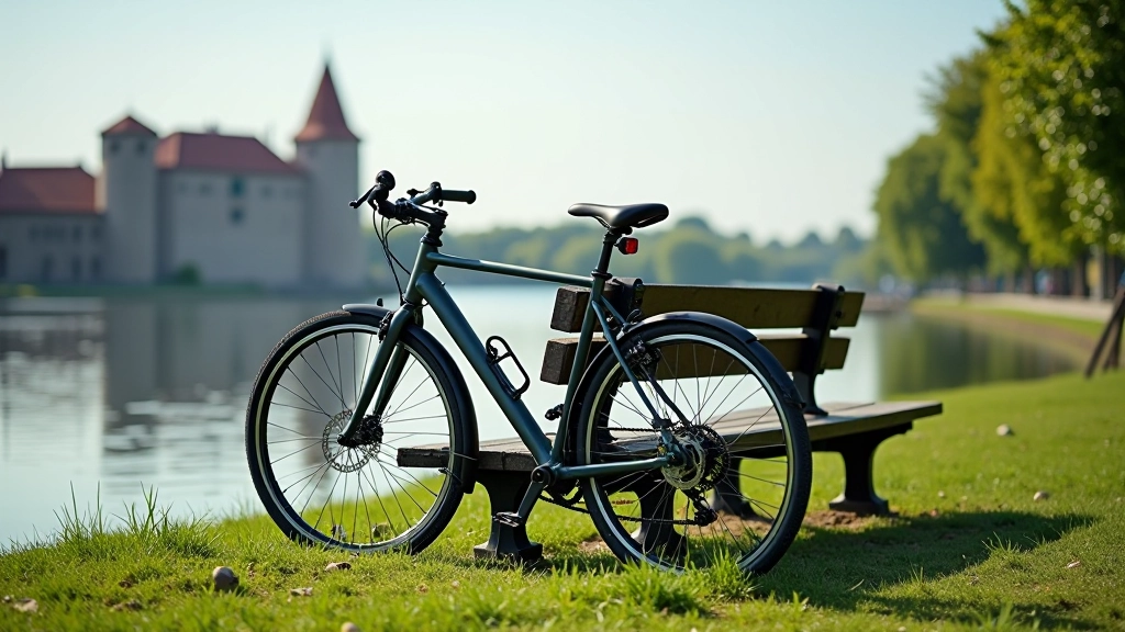 Bicycle with comfortable saddle and accessories positioned near a park bench, water and fortress in background