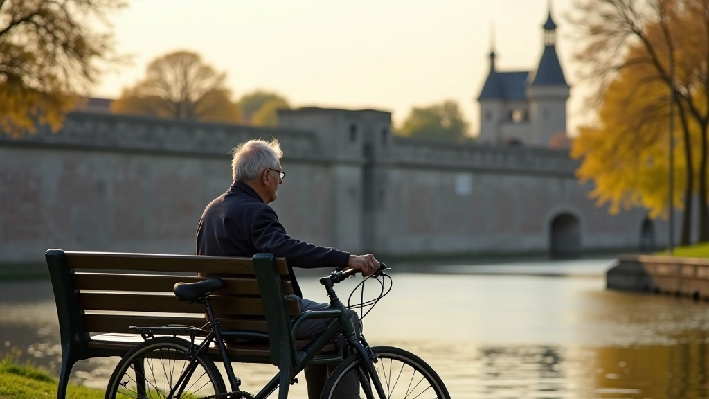 Cyclist taking a rest break overlooking the harbour canal and fortress