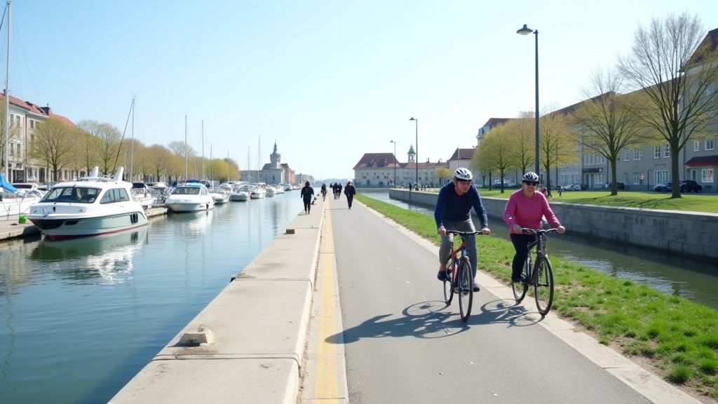 Scenic harbour waterfront with boats moored, cycling path running alongside modern marina facilities