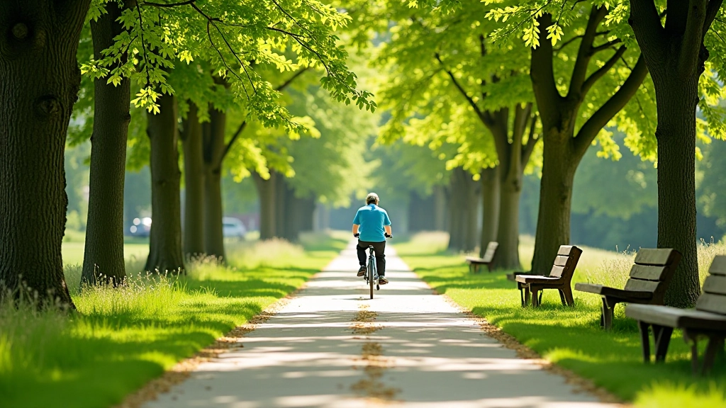 Peaceful cycling path through fortress moat area with wooden benches for resting