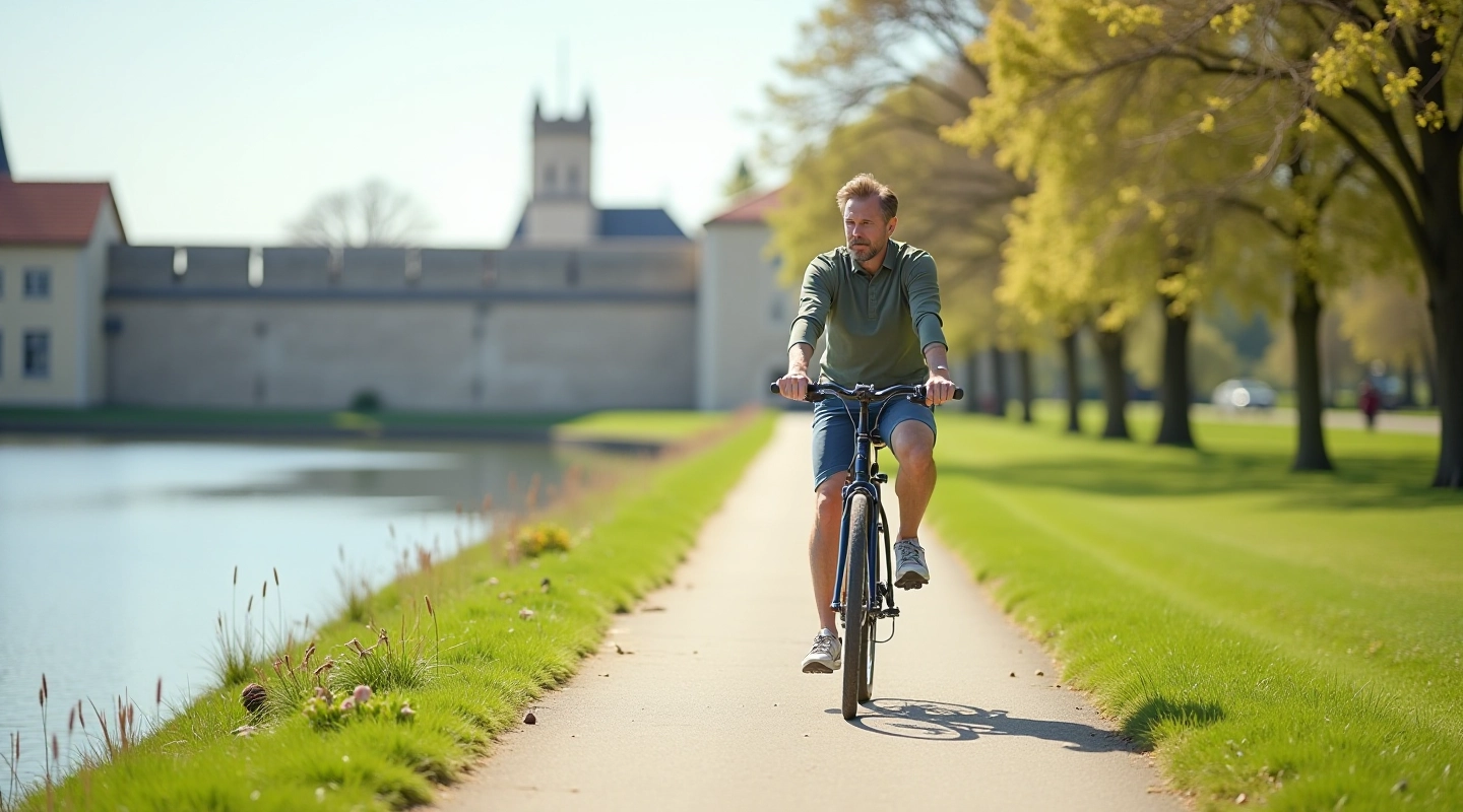 Cyclist riding along a peaceful waterside path with historic fortress walls visible in the distance