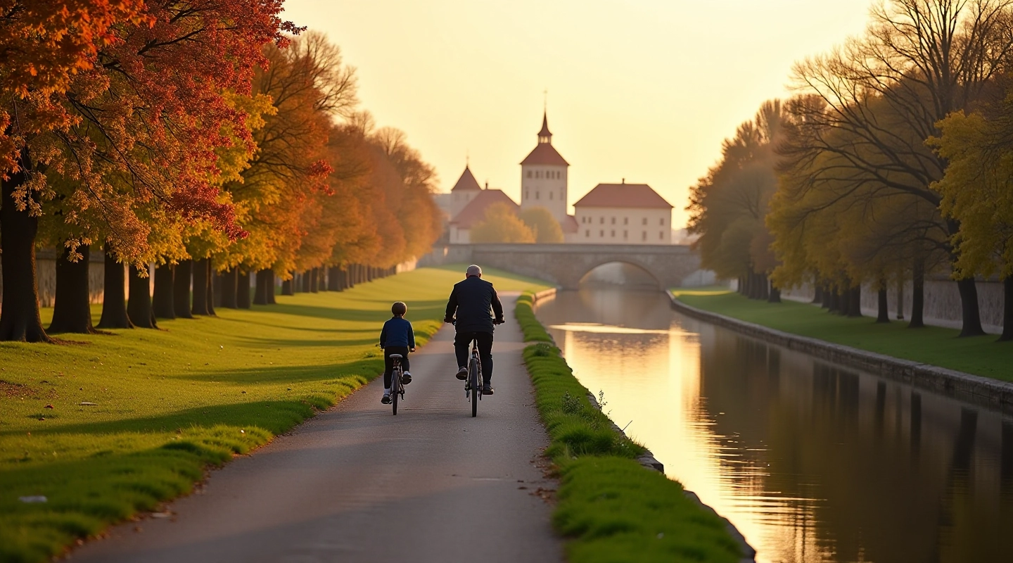 Scenic cycling path along the fortress moat with historic castle in background