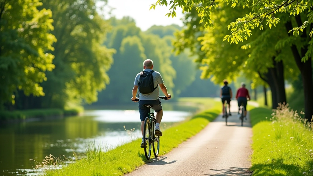 Scenic riverside cycling path with calm water on one side and green foliage on the other